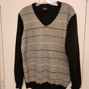Cambridge Classics Men's Vneck Faux vest sweater Grey and Black with stripes